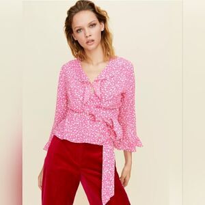 Little moon pink floral wrap around blouse
